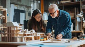 Elderly mentor and student collaborate on architectural model. photo