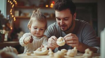 Father and toddler play together with modeling clay. photo