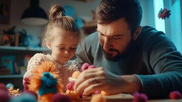 Father and daughter engage in creative play with colorful toys. photo