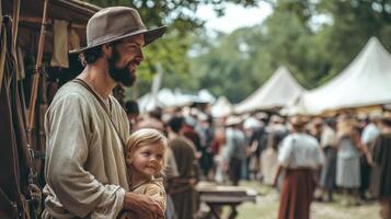 Father and child amidst a medieval fair. photo