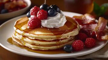 Delicious breakfast pancakes with syrup and fresh assorted fruits toppings photo