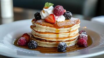 A stack of fluffy pancakes with berries and sweet toppings photo