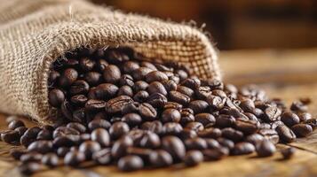 Roasted coffee beans spilling from a rustic burlap sack photo