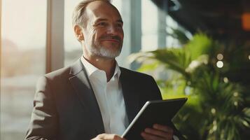 Confident businessman using tablet near window photo