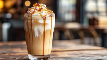 A tall glass of caramel coffee topped with whipped cream photo