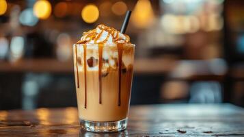 Delicious iced beverage with caramel and whipped cream displayed on the wood surface photo