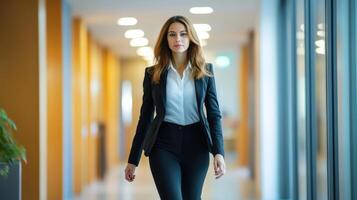 Confident woman wearing business attire walks towards the camera photo