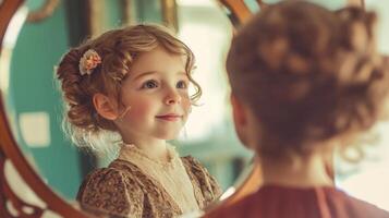A child gazes at her reflection in an antique mirror. photo