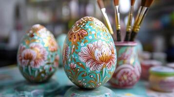 Beautifully decorated eggs showcasing an intricate floral pattern with brushes photo