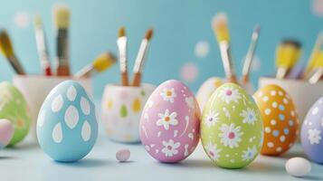 Painted Easter eggs decorate with brushes creating a festive scene photo
