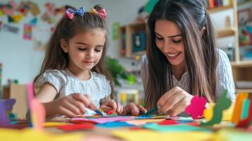 A smiling woman and child making colorful paper crafts together photo