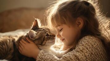 A young girl cuddling a cat with soft affection and love photo
