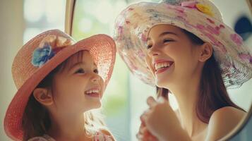 Two girls, laughing, trying on hats, in a mirror. photo