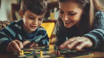 A mother and child playing a board game together joyfully photo