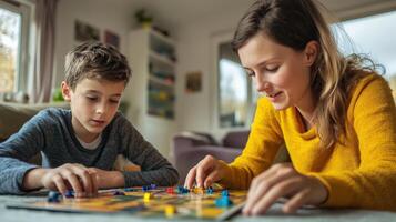 A mother and son are playing a board game at home photo