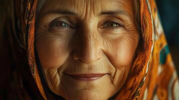 Close-up portrait of a wise elderly woman in a patterned headscarf. photo