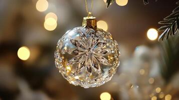 Sparkling Christmas ornament with intricate snowflake design. photo