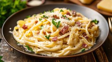 Creamy Pasta Dish Topped With Shredded Cheese And Herbs photo