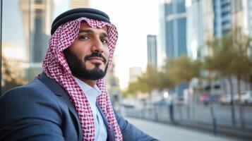 Well dressed man in traditional attire poses in city photo
