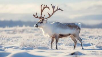 Majestic reindeer stands in a snowy arctic landscape. photo