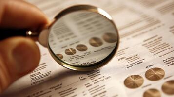 A magnifying glass inspecting financial documents with charts and figures photo