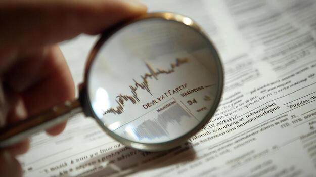 A hand examining a financial chart through a magnifying glass photo