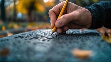 A hand writing on a textured surface with a yellow pencil photo