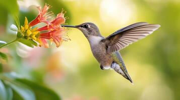 A Hummingbird Hovering Near Colorful Flowers In Natural Light photo