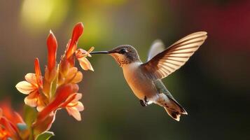 A tiny hummingbird approaches a bright orange flower in flight photo
