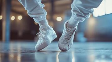 Focused view of the feet in white sneakers ready to move photo