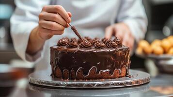 A chef decorates a dark chocolate cake with artistic detail photo
