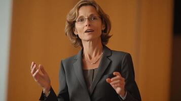 A woman in a suit speaking passionately during a presentation photo