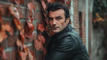 Man in Leather Jacket Leaning Against Brick Wall with Autumn Leaves photo