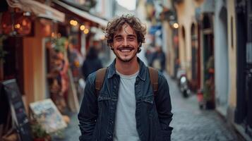 Happy Young Man Smiling In European Street photo