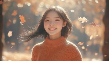 Girl Smiling Amidst Falling Autumn Leaves photo