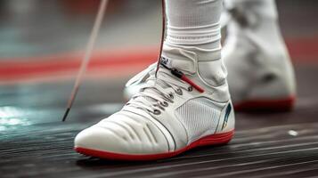 Close-up of competitive fencing shoes and equipment. photo