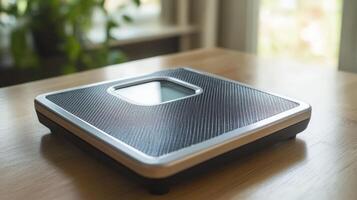 Modern digital scale on a light-colored wooden table. photo