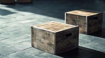 Two wooden crates used as simple furniture in a modern space. photo