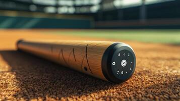 A wooden baseball bat lies on the dirt of a baseball field photo