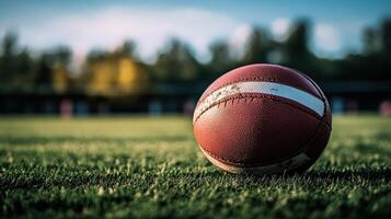 A red and white football resting on green grass outdoors photo