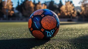 A soccer ball rests on artificial turf with sunlight photo