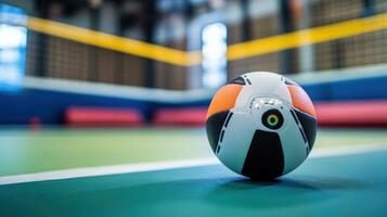 A unique ball positioned on a court indoors near netting and lines photo