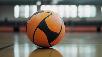 An orange and black ball sits on a wooden gym floor photo