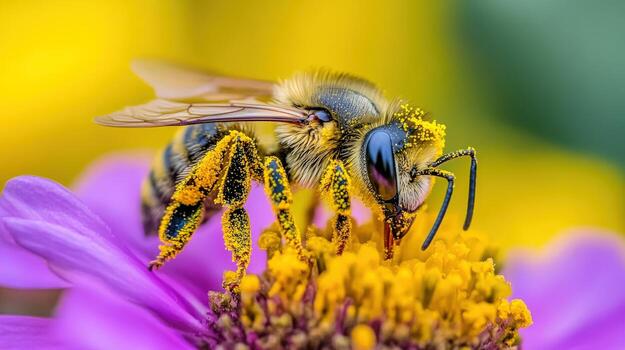 A honey bee covered in pollen is on a flower photo