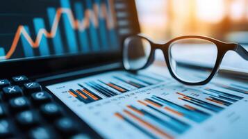 Financial reports and glasses are seen with charts and a calculator photo