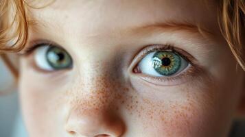Close up portrait of a childs bright green eyes and face photo