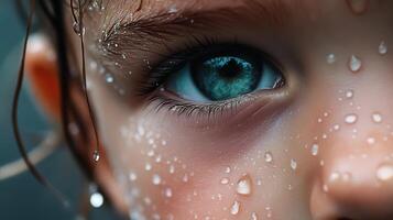 A close up view of a human eye with water droplets photo