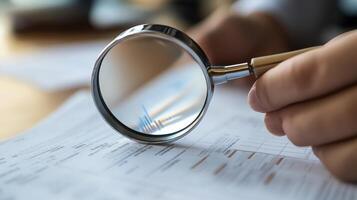A person carefully examines paperwork using a magnifying glass for details photo