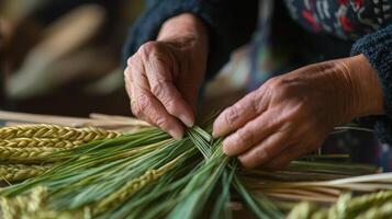 Closeup of elderly hands weaving delicate straw. photo
