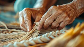 Closeup view of aged hands weaving fibers. photo